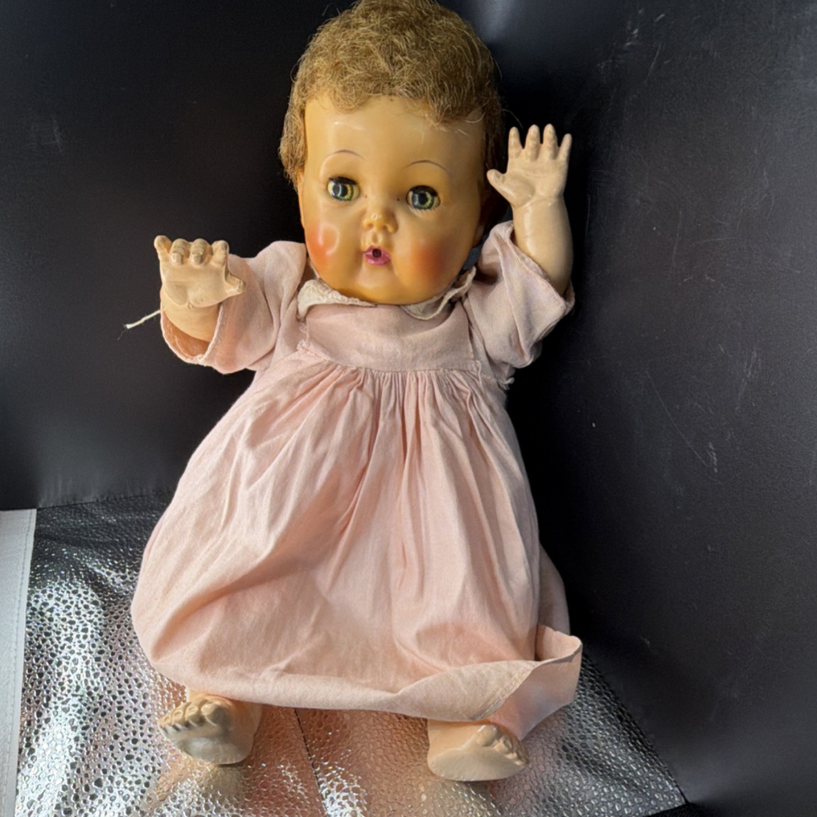 Vintage Baby Doll Blonde Curly Hair Green Eyes Pink Dress Hard Plastic Outfit