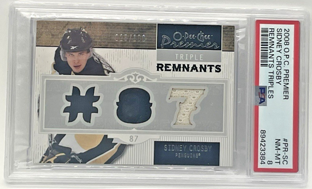 2008 O.P.C. PREMIER SIDNEY CROSBY REMNANTS TRIPLES #PR-SC PSA 8