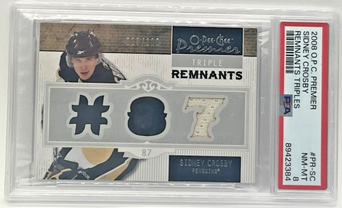 2008 O.P.C. PREMIER SIDNEY CROSBY REMNANTS TRIPLES #PR-SC PSA 8