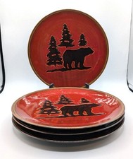 Homestudio Woodland Dinner Plates Set of 4 Stoneware Bear Forest Red Brown 11"