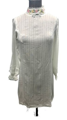Vintage 70s White Edwardian Style Shift Dress Hand Embroidered Floral Trim Small