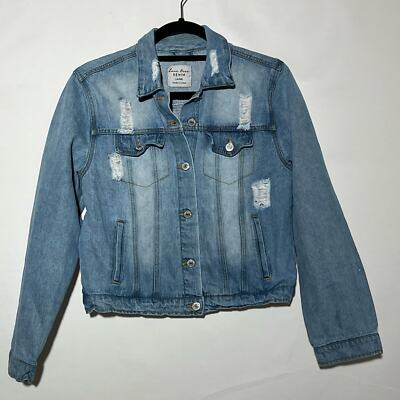 Love Tree Denim Jean Jacket Womens Size L Distressed Casual Waist Crop 