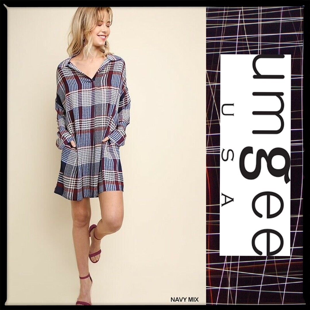 SIZE S UMGEE NAVY Plaid Pockets Roll sleeves Shirt Dress/Tunic BHCS | eBay