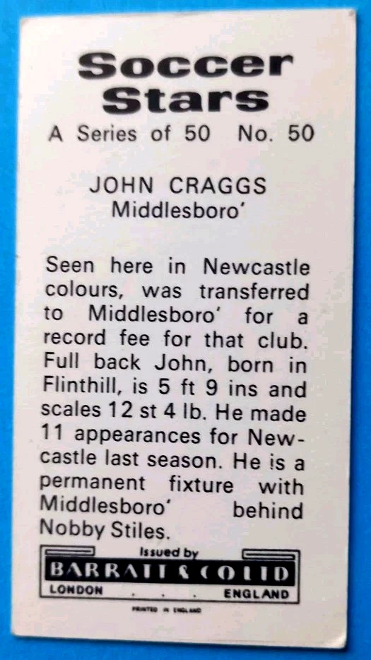 JOHN CRAGGS MIDDLESBROUGH NEWCASTLE DARLINGTON 1973 BARRATT SOCCER STARS CARD 50 - Image 2 of 2
