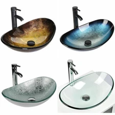 Bathroom Oval Tempered Glass Vessel Sink Bowl Faucet Pop Up Drain Basin Set Home