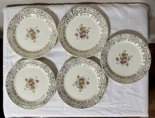 (5) Taylor Smith Taylor 6.25” Floral Bread Plates #12501 Gold Bordering