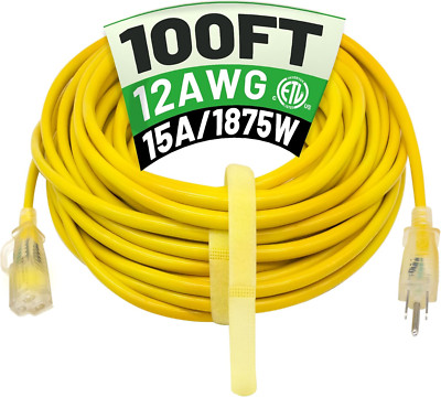 100 Ft Heavy Duty 12/3 Outdoor Extension Cord with Lighted End, Waterproof