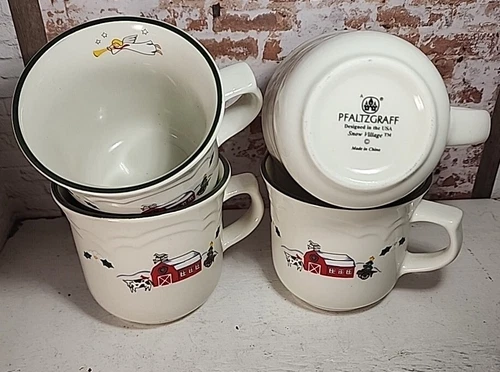 Pfaltzgraff Mugs Set of 4 Snow Village Winter Christmas Coffee Tea Cocoa EUC!