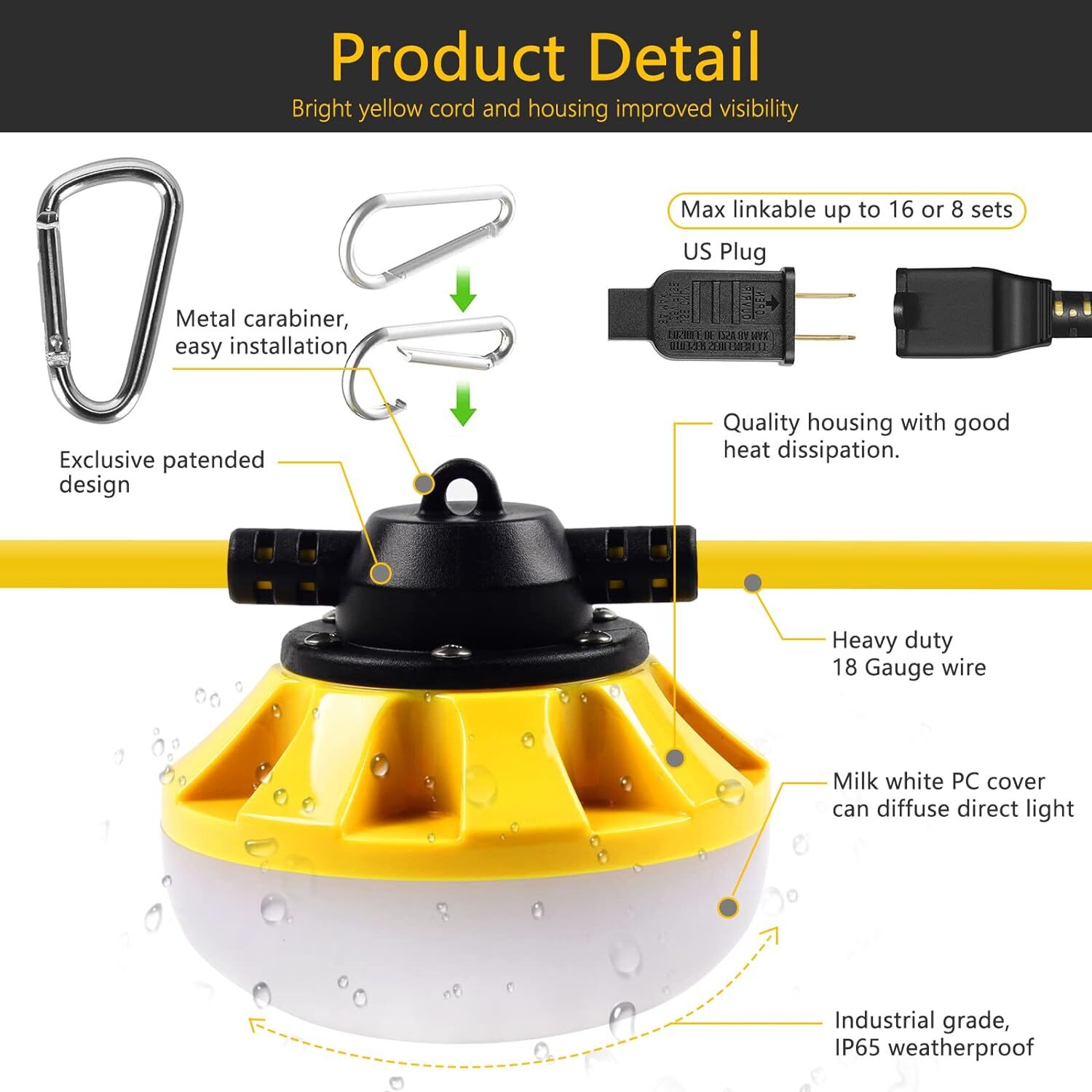 200FT Construction String Work Lights 20000LM Connectable Industrial Waterproof