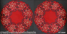 2PCS 11" ROUND Christmas RED GOLD Embroidered Poinsettia Doily Placemats #3585