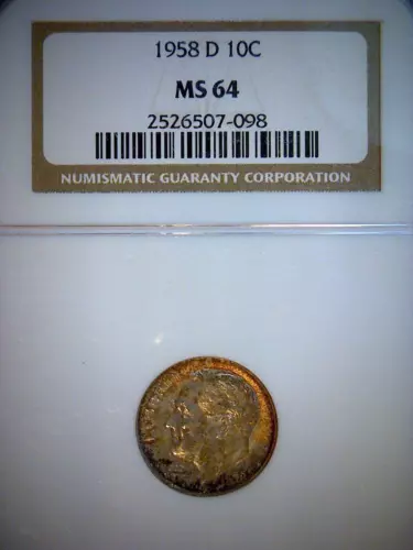 1958-D SILVER ROOSEVELT DIME NGC MS 64        GREAT TONING,