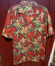 Paradise Found Hawaiian Shirt Mens Size XL Red Floral Parrots Magnum PI USA Read