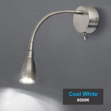 Image of LED Bedside Reading Light Wall Mounted Switched Flexible Arm Light Brush Chrome