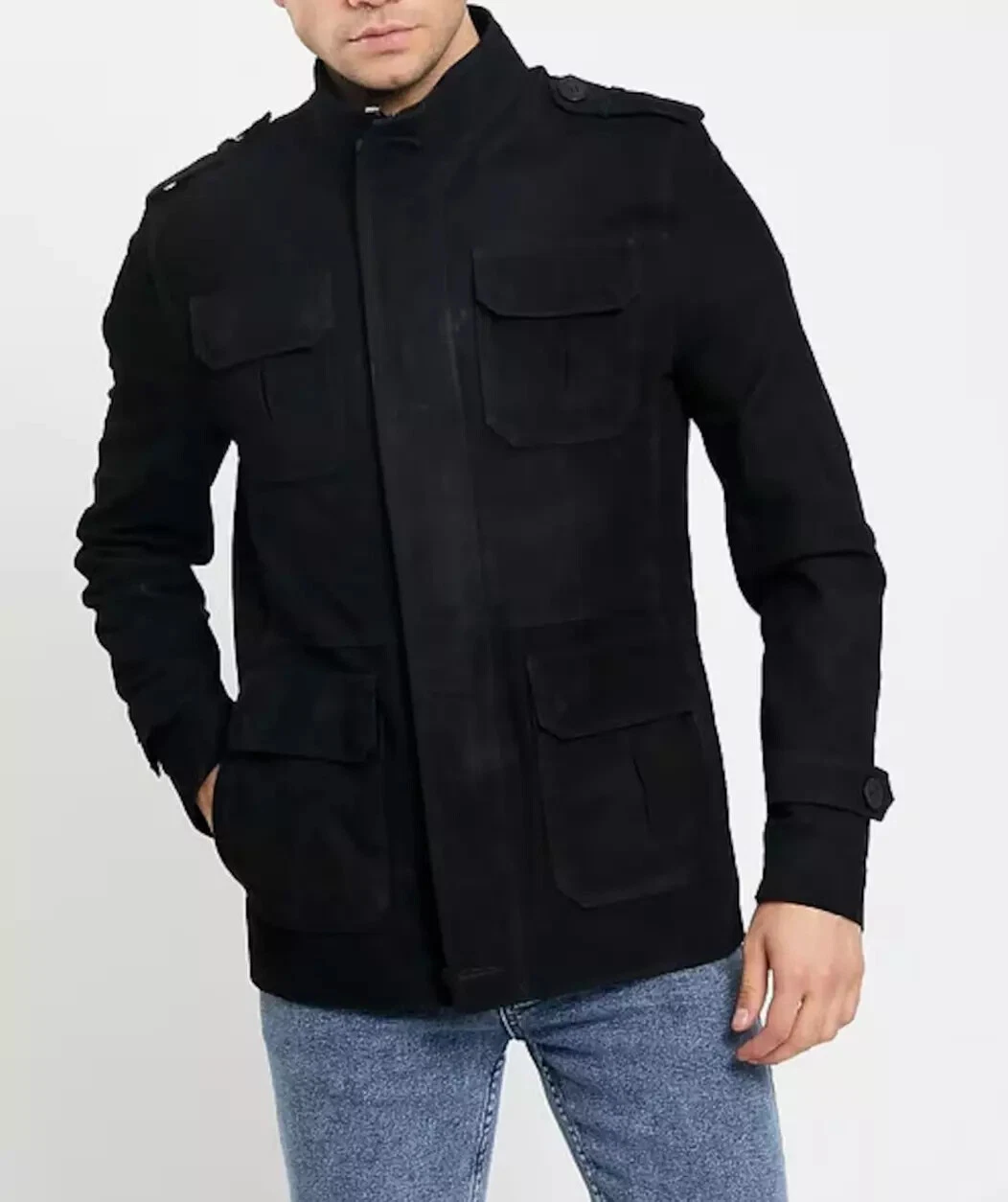 Black Field Leather Jacket for Men Pure Suede Custom Made Size S M L XL XXL -196