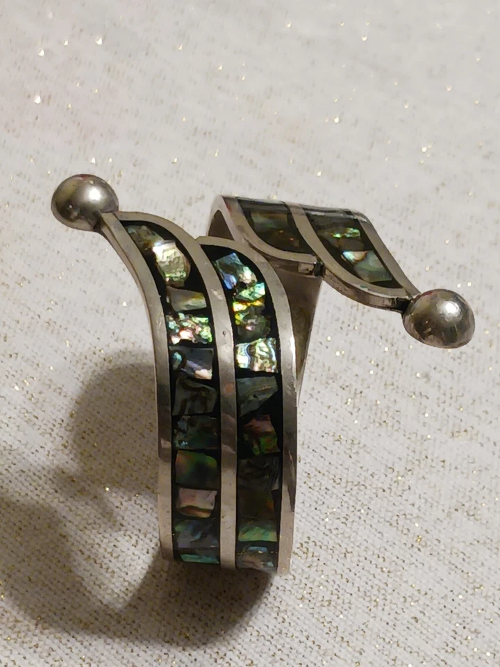 Vintage Mexican,Sterling Silver Hinged Cuff Bracelet,Abalone Shell,Pre-owned,75g - Image 2 of 4