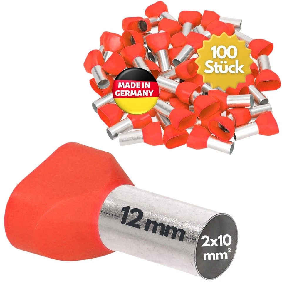100 Stück Kalitec AET1012RT Zwillingsaderendhülsen isoliert 2x10mm² 12mm Kupfer - Bild 1 von 1