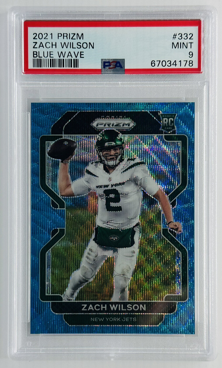 2021 Panini Prizm Zach Wilson Blue Wave Prizm #332 /199 PSA 9 Mint SP Jets