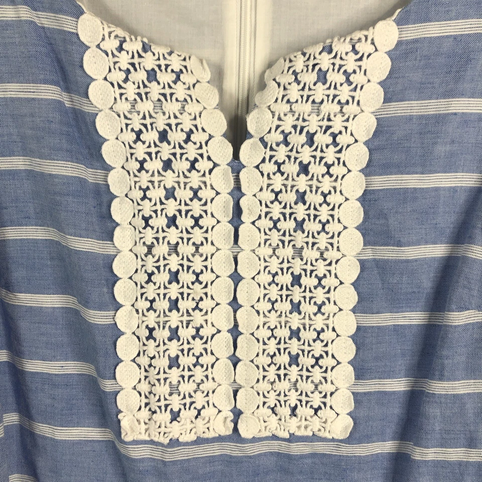 Vestido Talbots Mujer 14 Azul Blanco Rayas Mezcla de Lino Femenino Preppy Solero Foto 3 de 4