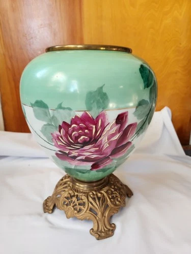 Vintage Hand Painted Floral Milk Glass Kerosene Lamp Base. 10x13. Gone With Wind