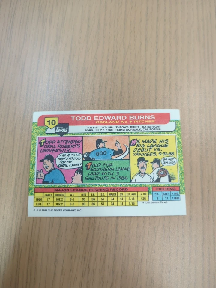 Todd Burns #10 1989 Topps Big Oakland Athletics Baseball Card MLB - Image 2 of 2