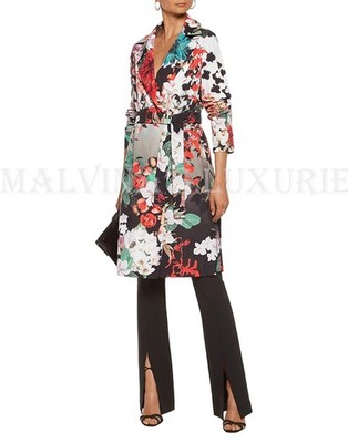 ROBERTO CAVALLI COAT FLORAL PRINT GABARDINE LONG JACKET BELTED $2,025 IT 38 US 2