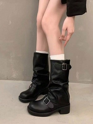 Go With Dress,Women's Black Fashion Boots New Buckle European And American Niche