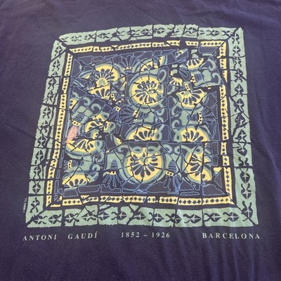 VINTAGE 90s Antoni Gaudi Barcelona Spain Architecture Mosaic Art Shirt XL Blue