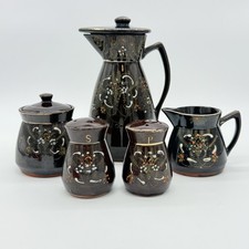 Redware Tea Set Pot Glazed Pottery Japan Moriage Flowers Salt Pepper 7 Piece Set