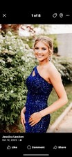 Blue Sequin One Shoulder Bridesmaid Dress with Slit, Regular Size
