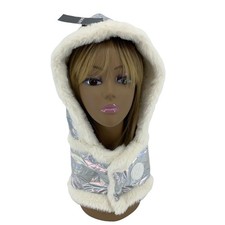 DKNY Logo Detached Puffer Hood Iridescent Metallic Shell Faux Fur Lined Hat