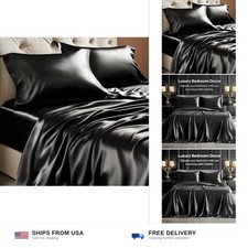 BEDELITE Satin Sheets Queen Size Bed Set, Black, 4 Pieces  Luxury Silky Bed ...
