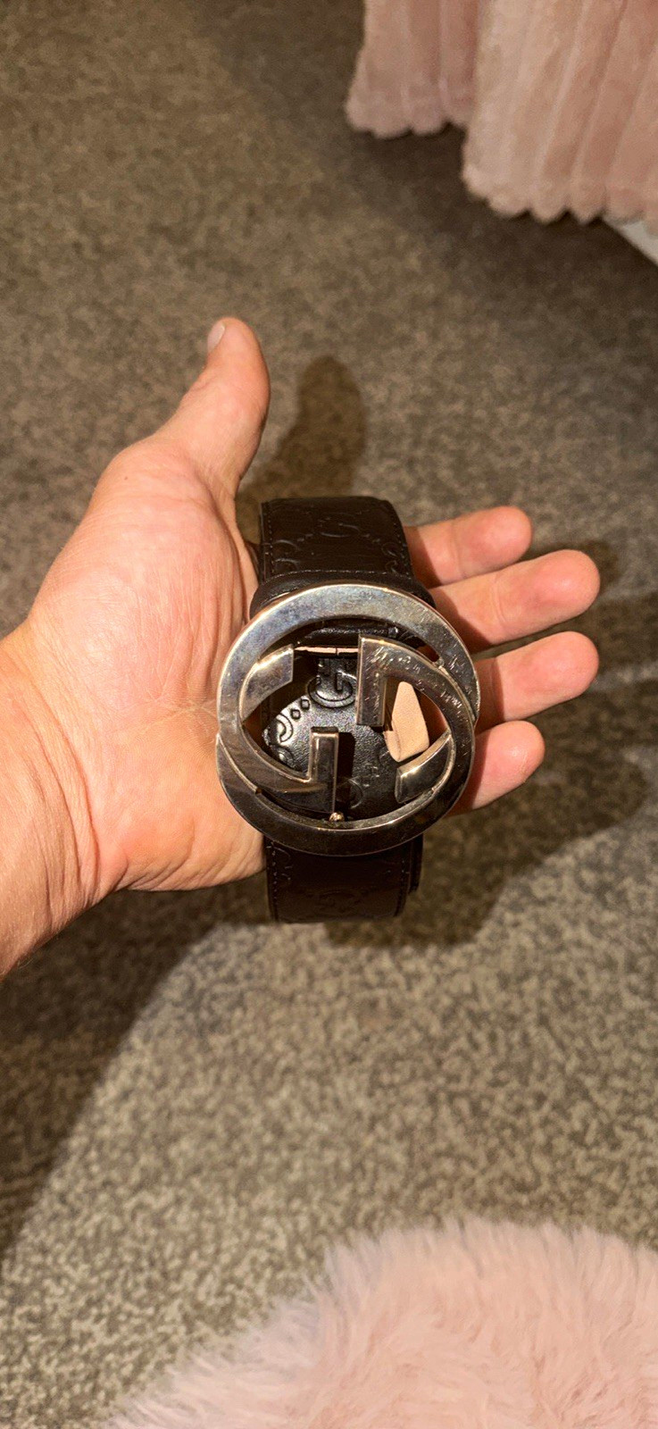 Gucci Men's Black Leather Logo Dress Belt 38mm Size 38 Silver-Tone Buckle.