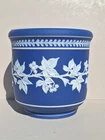 Jasperware Raised White Leaves Design On Blue Plant Pot Planter Cache Pot Rare