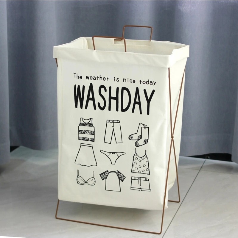 Foldable Freestanding Laundry Hamper w/ Metal Frame, Washday Graphic Print