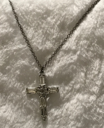 Vintage Crystal Cross Necklace Silver Tone Baguette Pendant