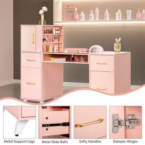 Manicure Nail Table Desk Spa Salon Beauty Station Equipment w/ Drawers + Cabinet - Picture 7 of 38