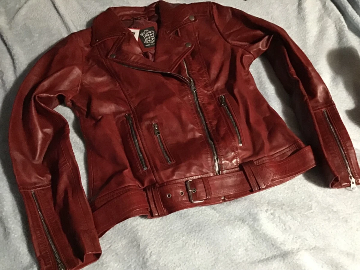 Decrum Aldo Womens Distressed Maroon Motorcycle Leather med with tag |