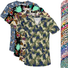 100 Cotton Unisex Cartoon Print Scrub Tops - Breathable V-Neck Short Sleeve