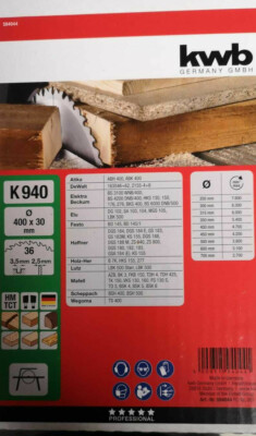 KWB HM Kreissägeblatt Typ K  Ø 400 x 30 x 2,2 mm 36 Zähne K 940