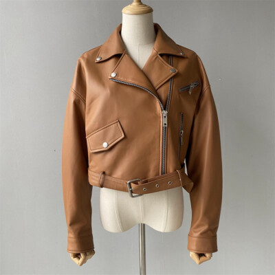 vintage leather jacket 茶色 身幅約60 短丈 Women Real Leather Jacket Short Motorcycle Genuine Sheepskin