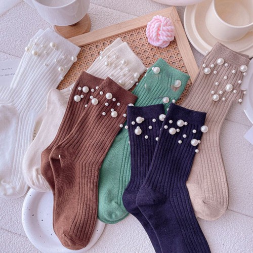 Women Cotton Socks Short Hosiery Foot Socks Mid-tube Socks Casual Simple Pearl - Picture 1 of 29