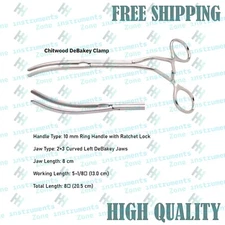 Chitwood DeBakey Clamp 10mm Ring Handle 2×3 Curved Left Jaws 8″ Total Length