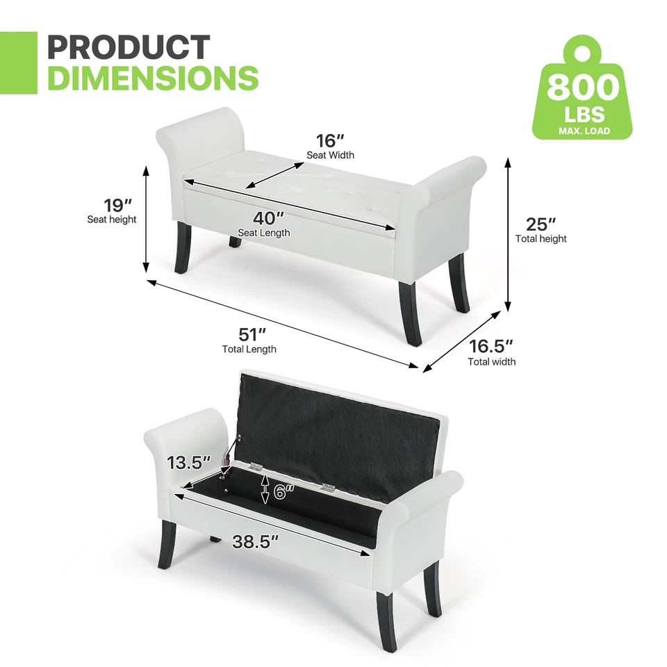 白色矩形储物长凳柔软聚氨脂合成革25英寸脚凳卧室带滚臂 — 第 3/4 张图片
