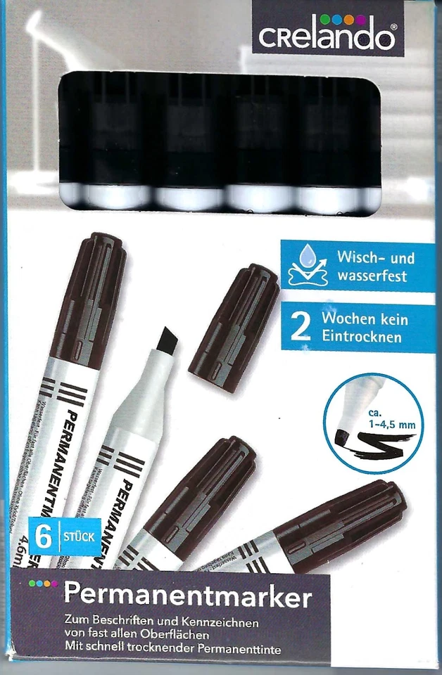6 Stück Permanentmarker schwarz, 1-4,5 mm Neu & OVP von Crelando