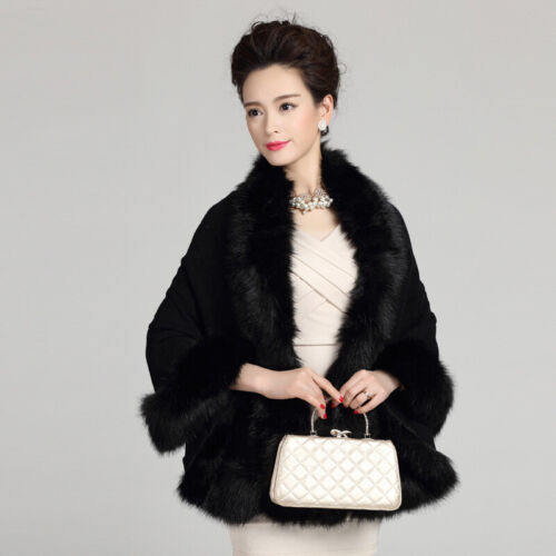 Lady Knit Poncho Cape Faux Fur Collar Wrap Shawl Warm Cloak Cardigan Sweater Top - Picture 5 of 22