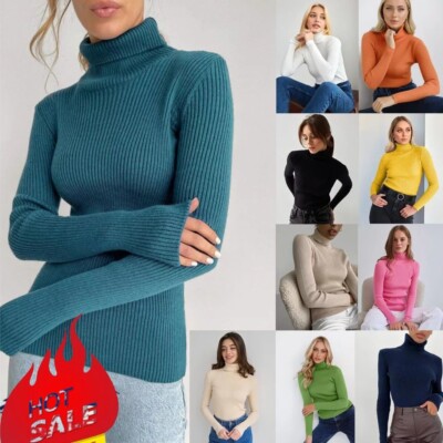 Damen Rollkragen Frauen lässig hoher Polokragen Langarm gerippt Pullover Oberteil