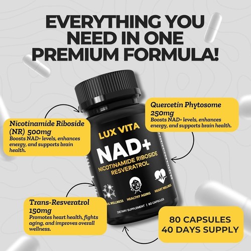 NAD+ Supplement Nicotinamide Riboside Resveratrol Natural Non-GMO - Picture 7 of 8