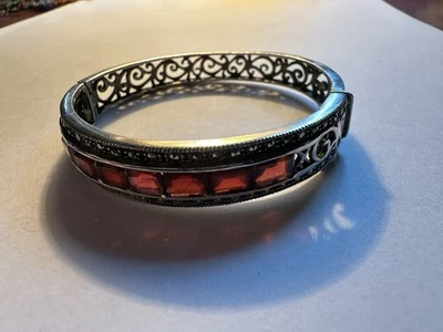 Vintage Sterling Silver Filigree Bangle Bracelet Garnet Red Square Stones Signed - Image 1 of 4