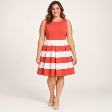 Nine West Striped Fit Flare Dress Womens 14 Coral White Preppy Nautical Work