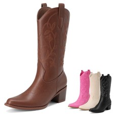 Women  s Cowgirl Boots Western Fashion Mid-Calf Embroidered Chunky Heel Shoes